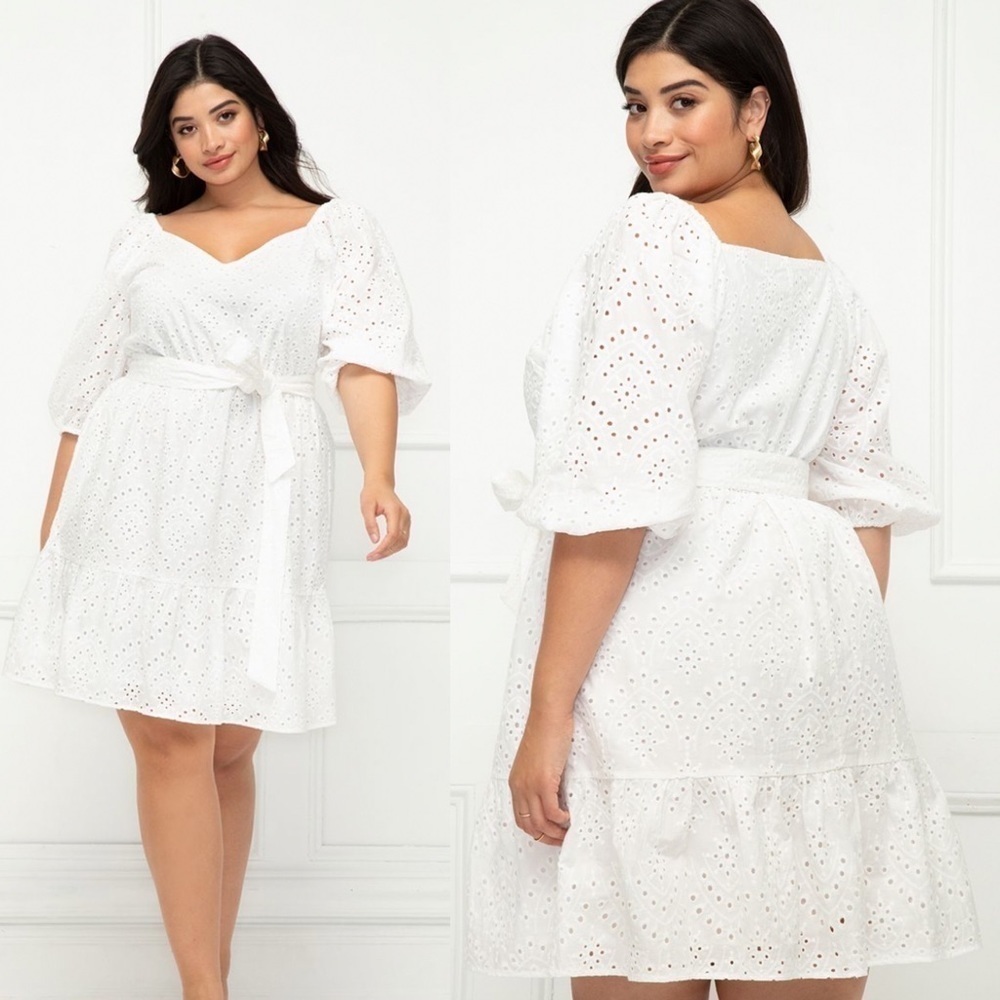 ELOQUII Elements Eyelet Dress With Belt in White Size 22